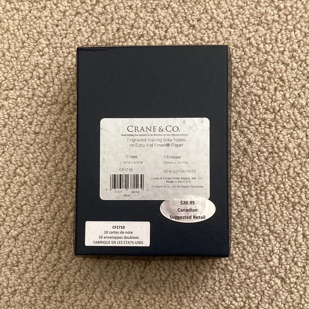 Crane & Co Engraved Racing Bike Notes Ecru Kid Finish Paper Stationery Set of 7